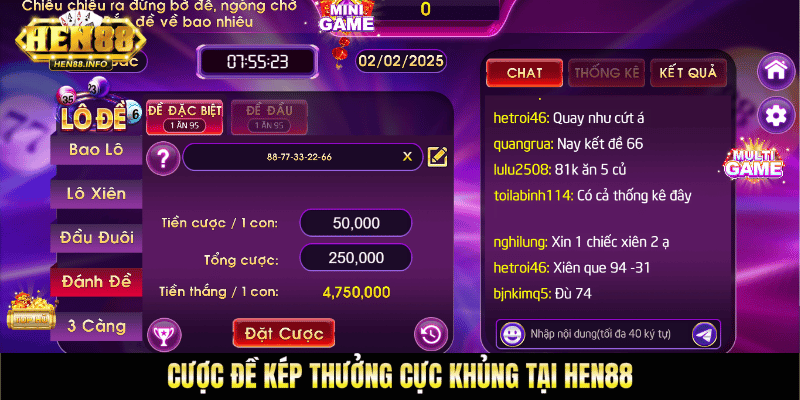 Cược đề kép thưởng cực khủng tại Hen88