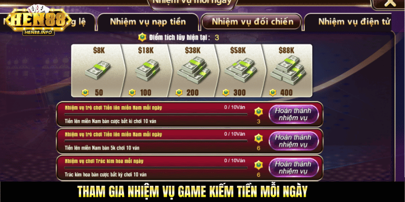 Tham gia nhiệm vụ game kiếm tiền mỗi ngày, sự kiện tân thủ hen88