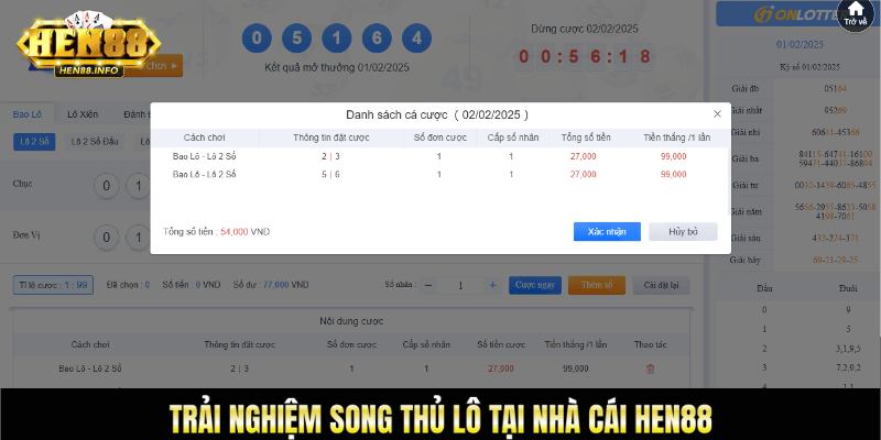Trải nghiệm song thủ lô tại nhà cái Hen88